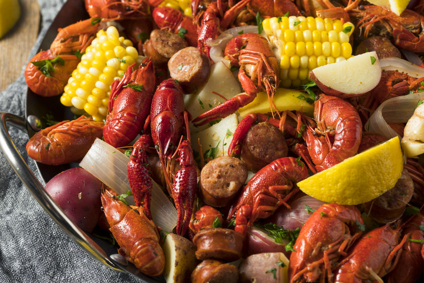 Homemade Southern Crawfish Boil with Potatoes Sausage and Corn